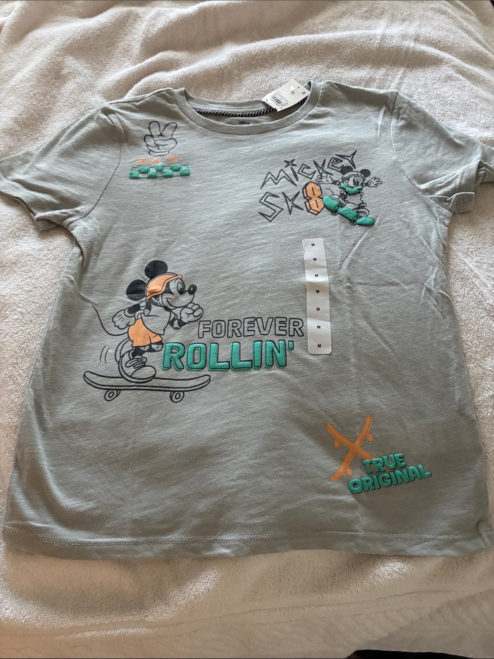Disney Gray Tee with Teal & Orange Mickey Skate Graphic